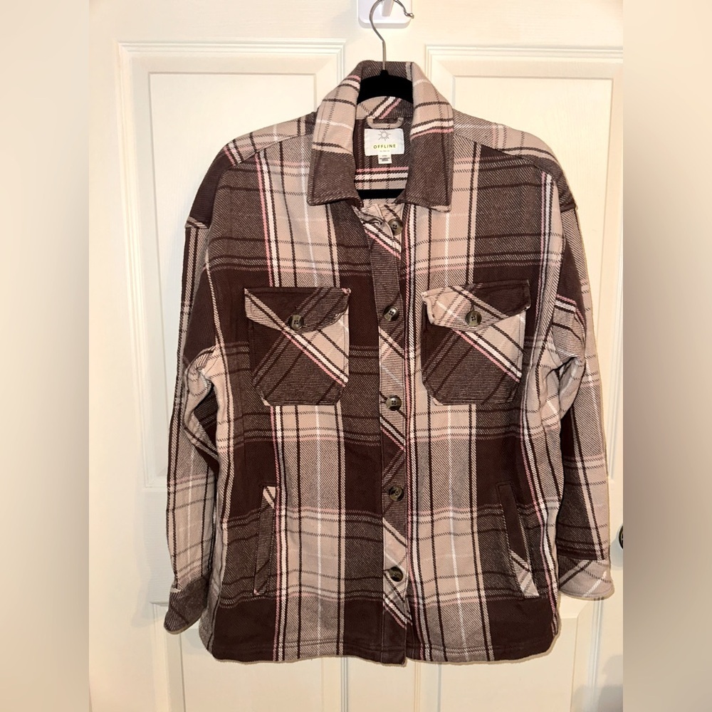 Offline by aerie Brown Cream Plaid Button-Up Shacket S fall winter cotton
